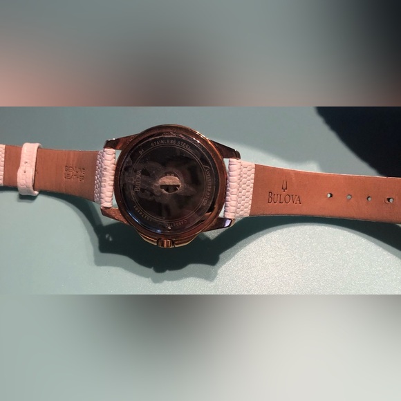 Bulova ladies rose gold with diamond accent white leather watch. - Picture 5 of 7